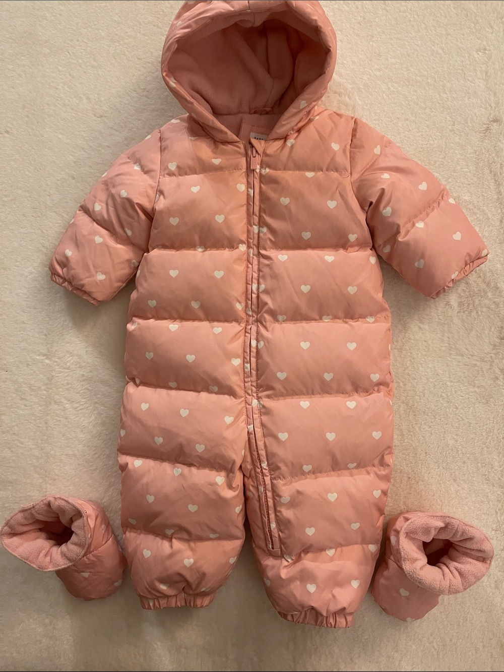 Baby GAP Pink Heart Puffer One-Piece Snowsuit with Hood & Booties 12-18 months
